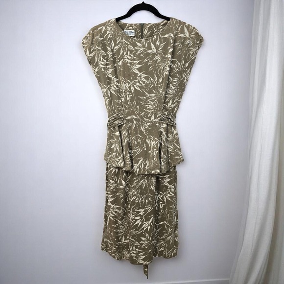 VTG Joni Blair Vintage Peplum Dress‎ Woman Size 5 Leaf Print Ruched Waist Midi - Picture 1 of 12